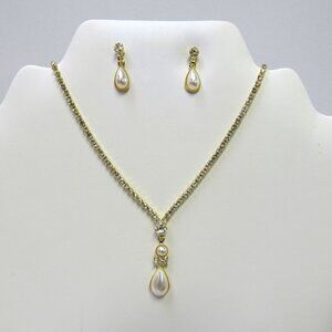 Gold Pearl & Rhinestone Teardrop Necklace Earrings Set Prom Wedding Evening
